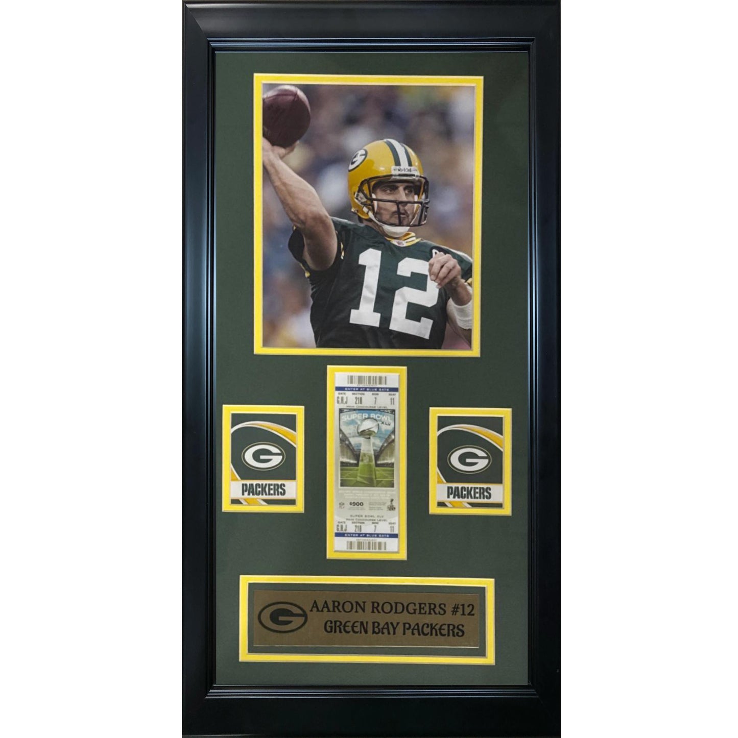 Green Bay Packers Quarterback Aaron Rodgers w/ Superbowl ticket 12x24